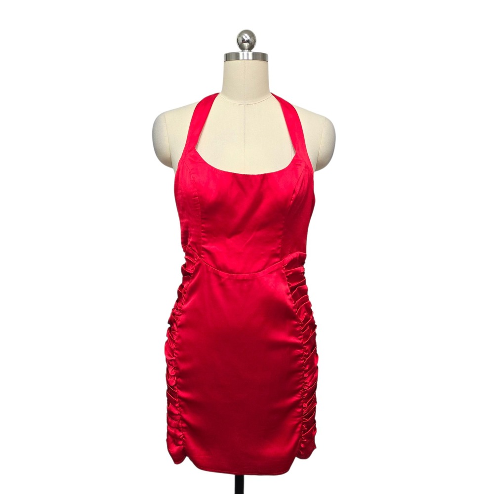 Hello Molly Red Satin Halter Ruched Bodycon Mini Dress Womens Size 8